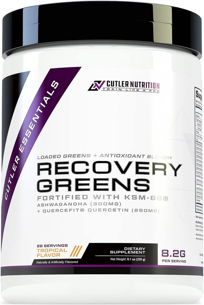 Cutler Essentials Recovery Greens Premium Superfood Drink with Recovery Ingredients | KSM-66 Ashwagandha, Quercetin | Antioxidants to Promote Focus and Natural Energy | Tropical Flavor, 28 Servings