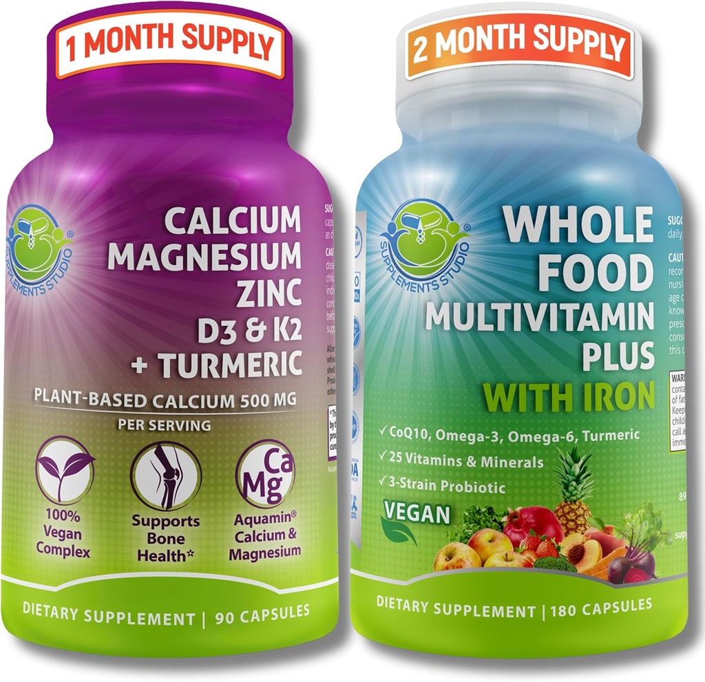 Vegan Whole Food Multivitamin with Iron + Plant-Based Calcium, Magnesium, Zinc, D3, K2 & Organic Turmeric – Complete Daily Supplement Bundle for Men & Women – Energy, Immunity & Bone Support