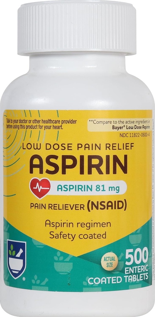 Rite Aid Aspirin Enteric Tablets - 81 mg Aspirin - 500 Count - Low-Dose for Headache Relief - Safety Coated - Aspirin Regimen - Migraine Medicine - Pain Relief