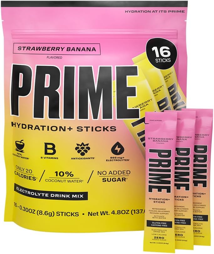 PRIME HYDRATION+ Sticks Strawberry Banana | Hydration Powder Single Serve Sticks | Electrolyte Powder On The Go | Low Sugar | Caffeine-Free | Vegan | 16 Sticks