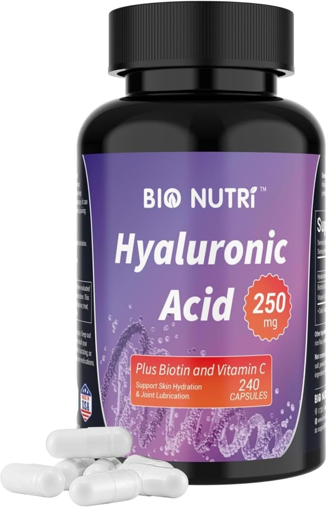 Hyaluronic Acid Supplements 250mg|240 Capsules，with Biotin 5000mcg & Vitamin C 25mg - Skin, Hair & Joint 3 in1 Support