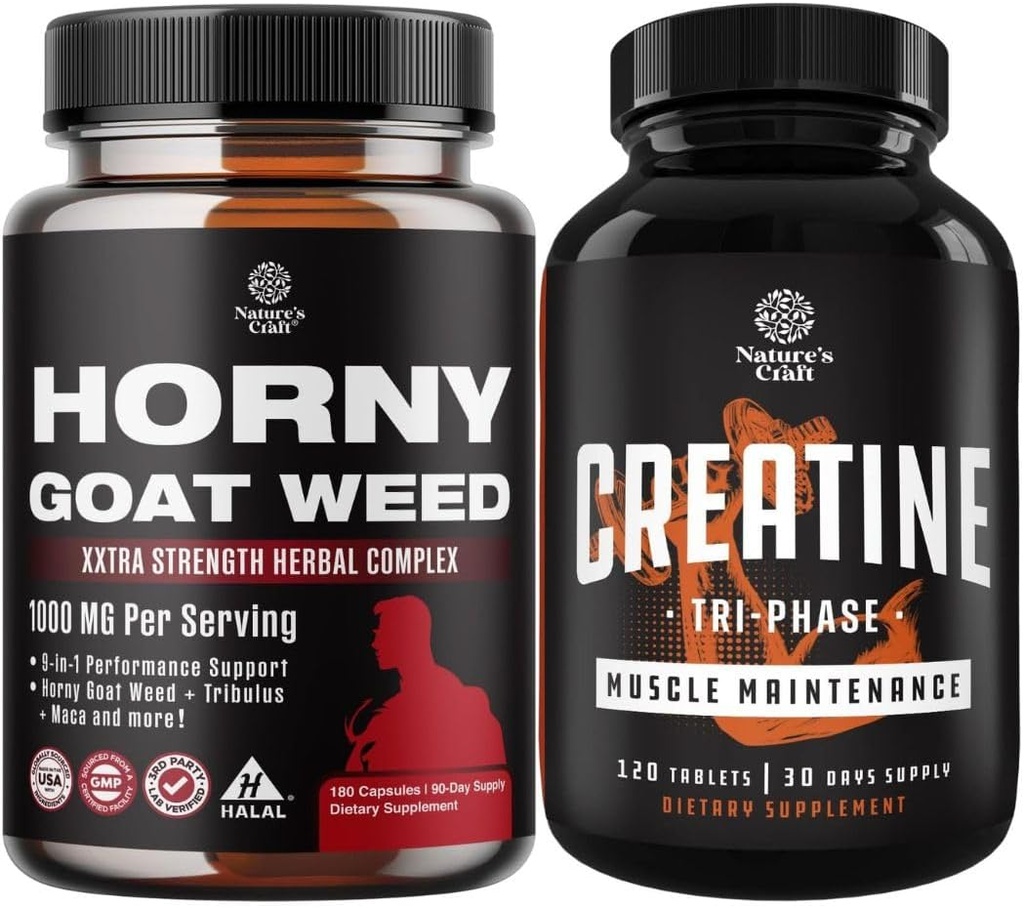 Bundle of Horny Goat Weed with Black Maca Root, Tongkat Ali, Saw Palmetto & Panax Ginseng Extract for Stamina & Energy and Creatine Tablets with Creatine Monohydrate, HCL & Pyruvate Supplement