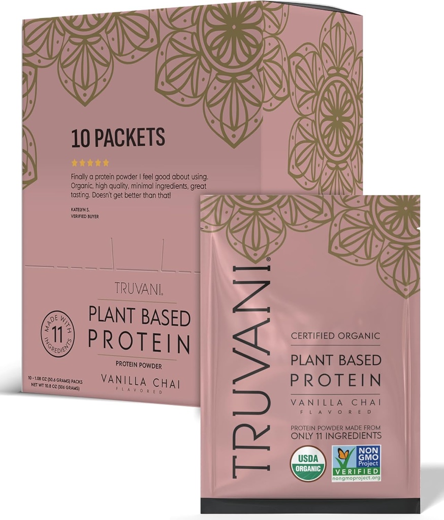 Truvani Vegan Pea Protein Powder | Vanilla Chai | 20g Organic Plant Based Protein | Single Serving Travel Packets | 10 Servings | Keto | Gluten & Dairy Free | Low Carb | No Added Sugar