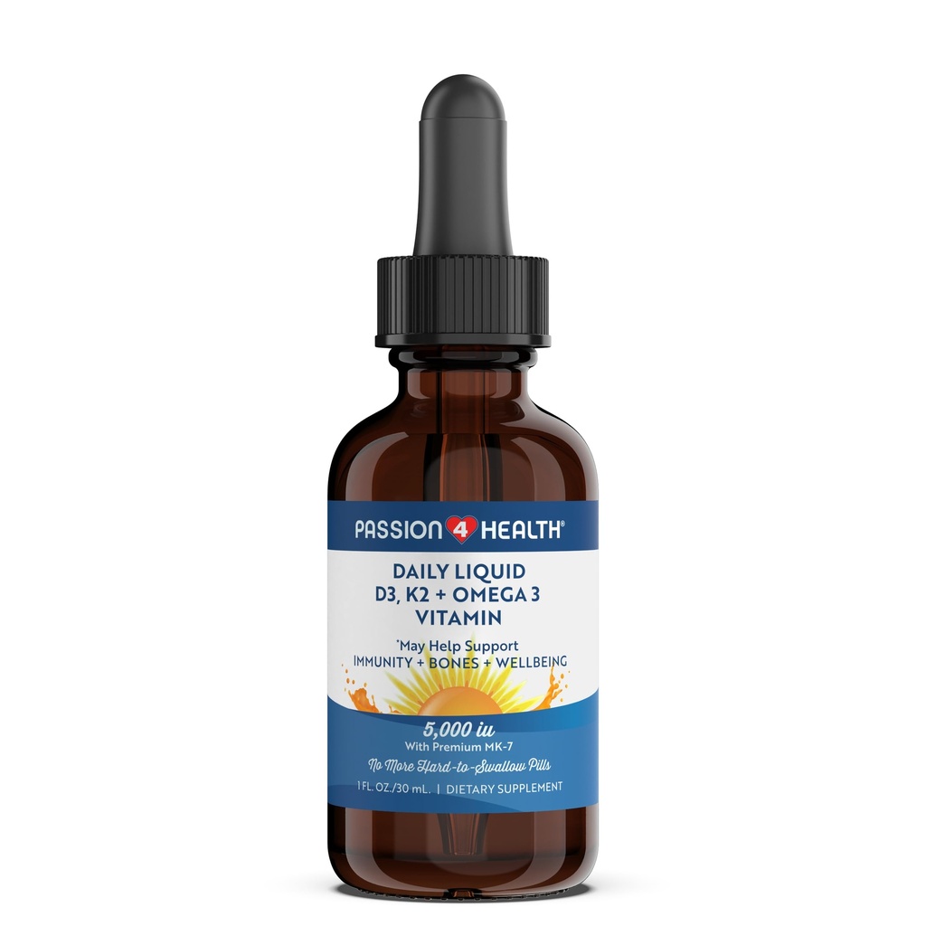 Passion 4 Health Organic Liquid Vitamin D3 K2 (Mk-7) + Omega 3 Supplement - Liquid Vitamin D Drops (5000IU) - Support for Healthy Bones and Muscles