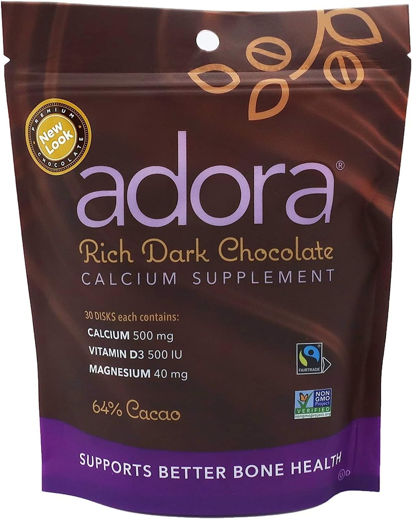 Adora Calcium Supplement, Fairtrade Dark Chocolate, Pack of 12 - 30 ct