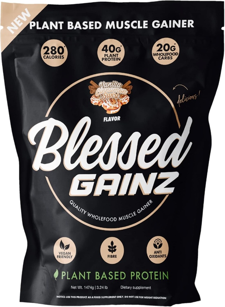 BLESSED Gainz Vegan Protein Powder Mass Gainer - 40g Plant Based Protein Powder - Meal Replacement Shake with Pea Protein Powder - Vegan Protein Shake - 40 Servings (Vanilla Cinnamon Swirl)