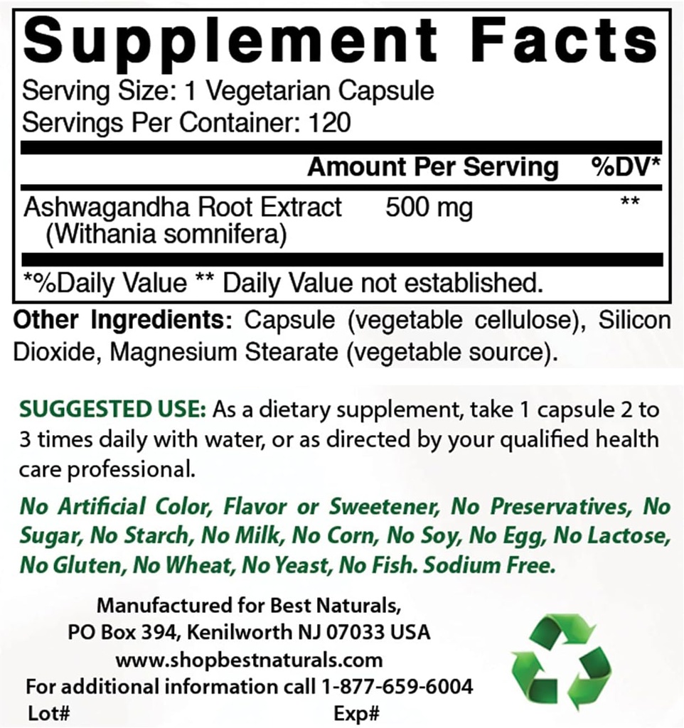Best Naturals Ashwagandha Extract 500 Mg & Magnesium Oxide 500 mg