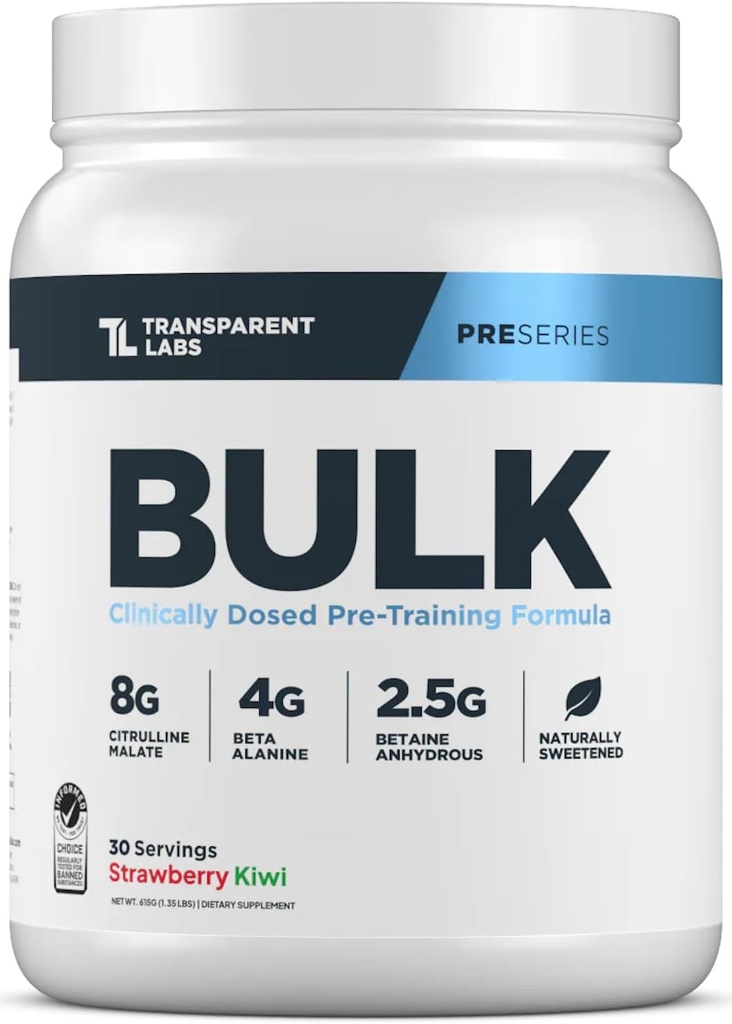Transparent Labs Bulk Pre Workout Powder - Naturally Sweetened Advanced Pre-Workout Formula for Muscle Building and Strength - 30 Servings, Strawberry Kiwi