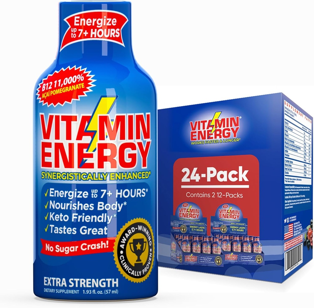 Vitamin Energy B12 11,000% Extra Strength Energy Shot Açaí Pomegranate 24 Pack, 260mg Natural Caffeine, B12 & B6, Nootropic Focus, Vitality, Zero Sugar, Gluten-Free, Vegan, Kosher, 1.93 fl oz
