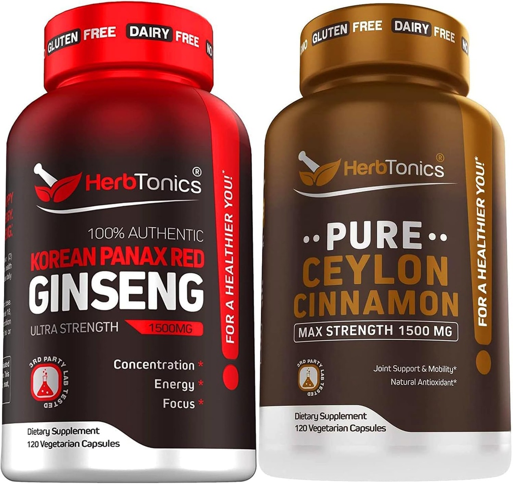 Korean Red Panax Ginseng 1500mg - High Potency Ginseng for Energy, Performance & Immune Support for Men & Women - Pure Ceylon Cinnamon Capsules for Enhanced Well-Being - 1500mg per Serving