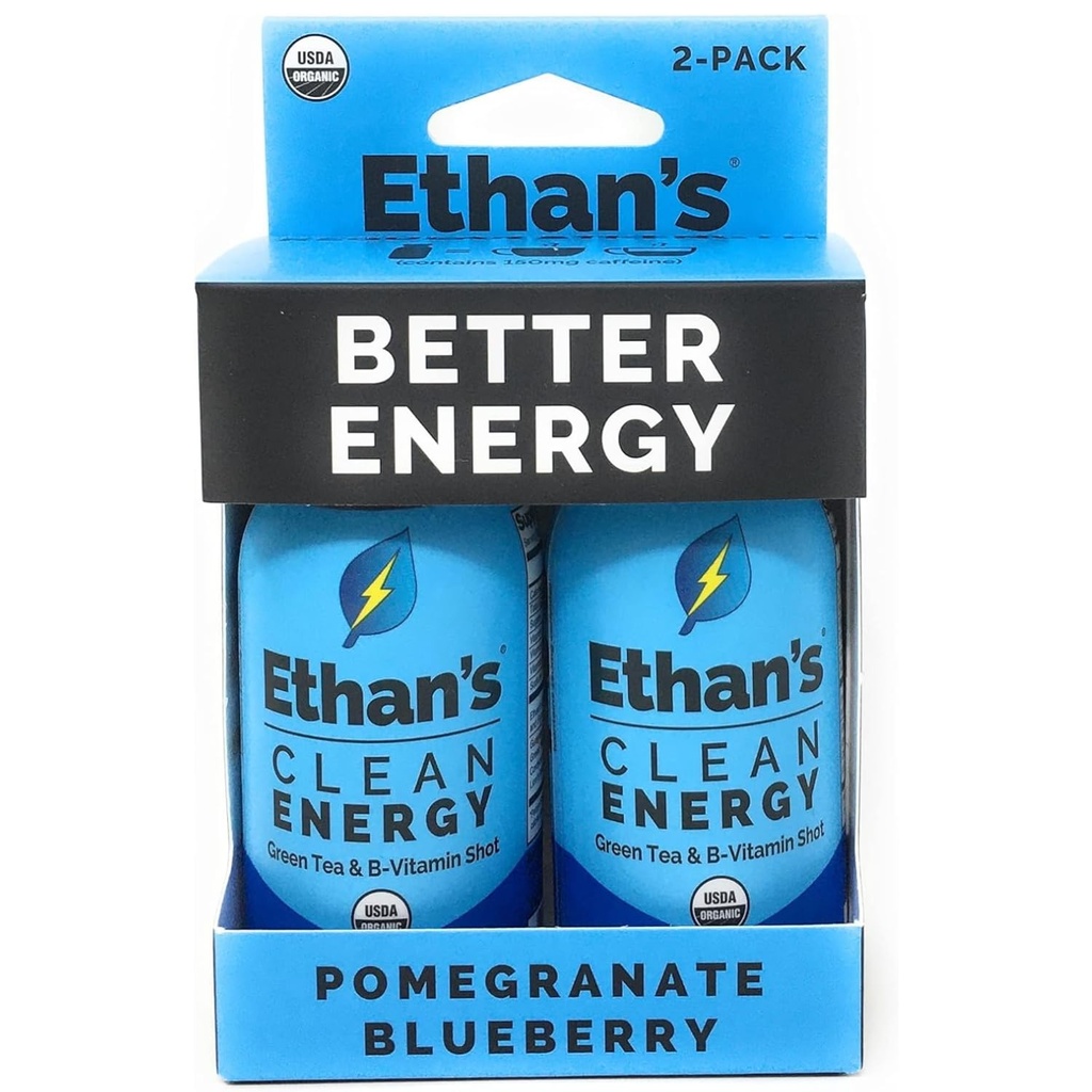 Ethan's Organic Clean Energy Shots Pomegranate Blueberry, Sugar Free Natural Pre-Workout Focus Boost, Gluten Free, Vegan, B6 & B12 Vitamin C with Green Tea Extract and Guayusa (2 Pack of 2oz Shots)