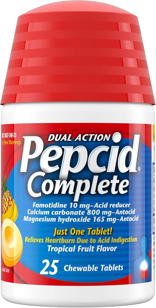 Pepcid Complete Acid Reducer + Antacid Chewables, 10mg Famotidine, 800mg Calcium Carbonate & 165mg Magnesium Hydroxide per Heartburn Medicine Tablet, Antacid Chews, Tropical Fruit, 25 ct