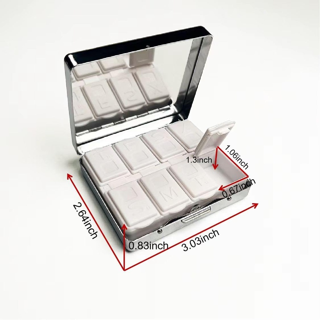 Vintage Poison 7 Days Chromed Shiny Silver Pill Organizer with Mirror Inside Has 8 Separate Compartments Rectangle 7 Days Pill Box Pill Case