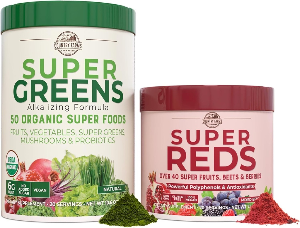 COUNTRY FARMS Essential Pack, Super Greens Powder and Super Reds, Packed with 50 Organic Super Foods and 40 Super Fruits, Natural Energy, Bloating Support, Unflavored & Berry Flavor, 17.7 oz, 2 Pack