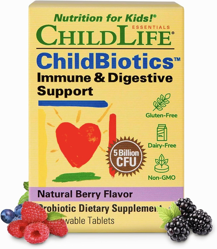CHILDLIFE ESSENTIALS Childbiotics Immune & Digestive Support - Kids Probiotic, Probiotics for Kids & Toddlers, Childrens Chewable Probiotic for Gut Health - Natural Berry, 30 Chewable Tablets