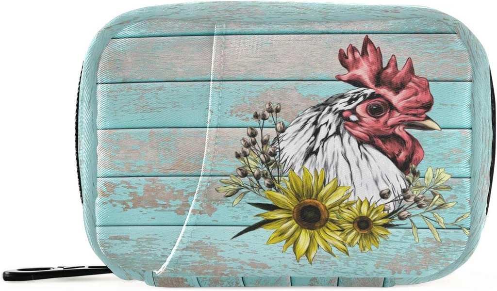 Pill Box Wooden Rooster Sunflower Pill Box 7 Day Pill Case Bag Travel Pill Organizer Bag with Zipper Portable Weekly Case Compact Size for Vitamin Supplement Holder