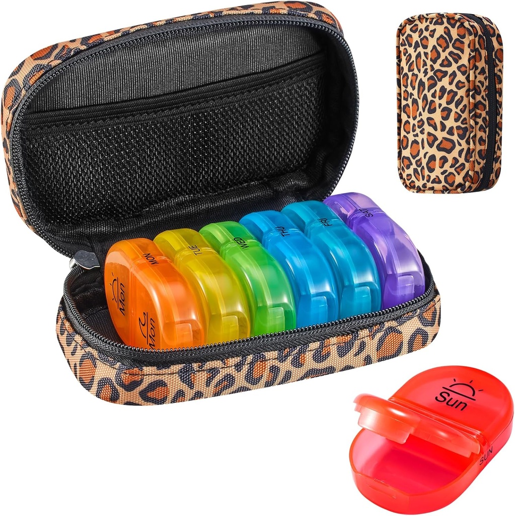 Serfeymi Weekly Travel Pill Organizer 2 Times A Day AM PM Upgraded Rainbow Pill Box 7 Day with Portable Zipper Canvas Pill Case, Medicine Organizer for Pills, Vitamins, Fish Oils - Brown 01