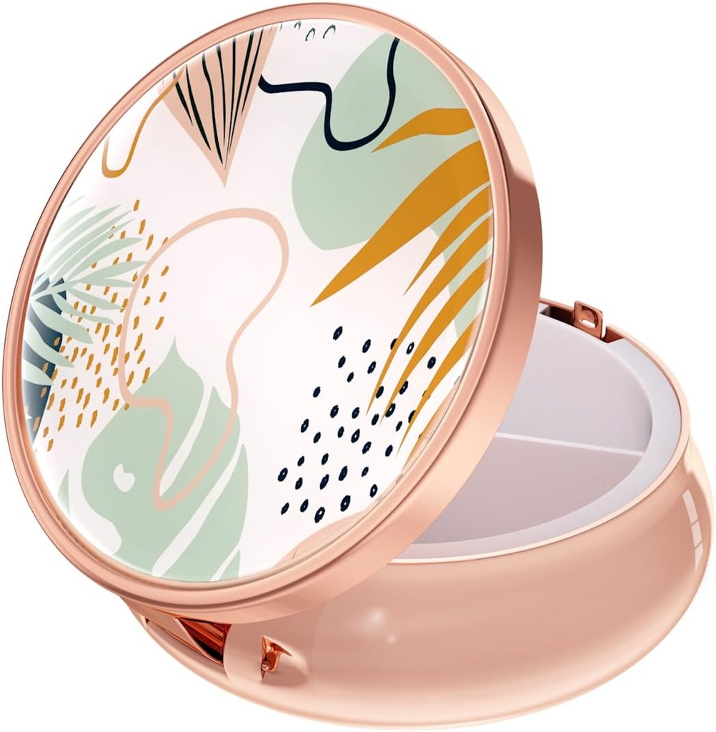Rouidr Pill Box, 3 Compartment Medicine Pill Case, Small Metal Travel Medicine Box for Purse & Pocket, Rose Gold, Boho Leaves