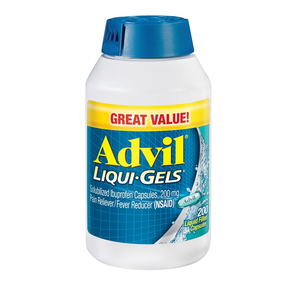 Advil Liqui-Gels Pain Reliever and Fever Reducer, Pain Medicine for Adults with Ibuprofen 200mg for Headache, Backache, Menstrual Pain and Joint Pain Relief - 200 Liquid Filled Capsules