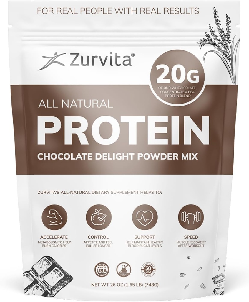Zurvita - Chocolate Delight Protein Powder - 20g Protein, Probiotics, 24+ Vitamins and Minerals - No Artificial Sweeteners - 26oz (20 Servings)