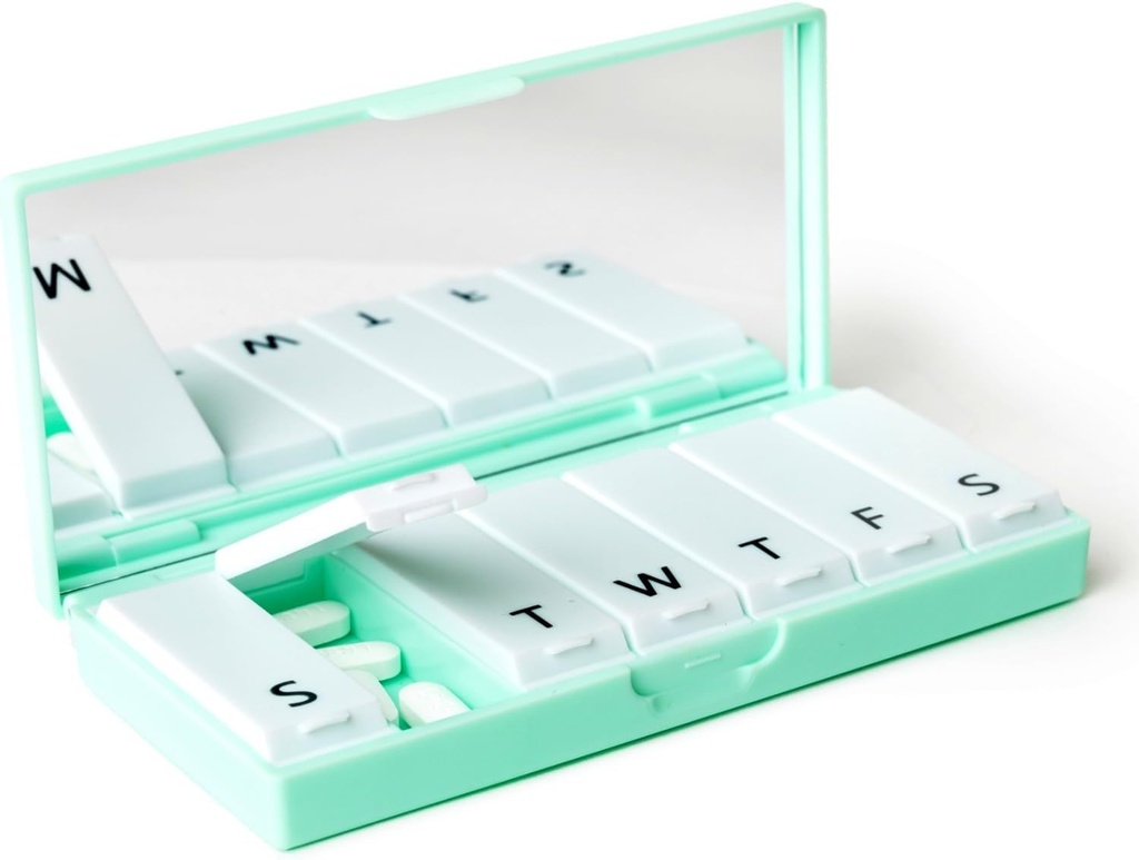 Designer Weekly Pill Box Organizer (Single 1X Daily, Mint) | Compact, Stylish 7-Day Vitamin Supplement Case | Cute Portable Mini Travel Medicine Carrier | BPA-Free Pillbox Caddy