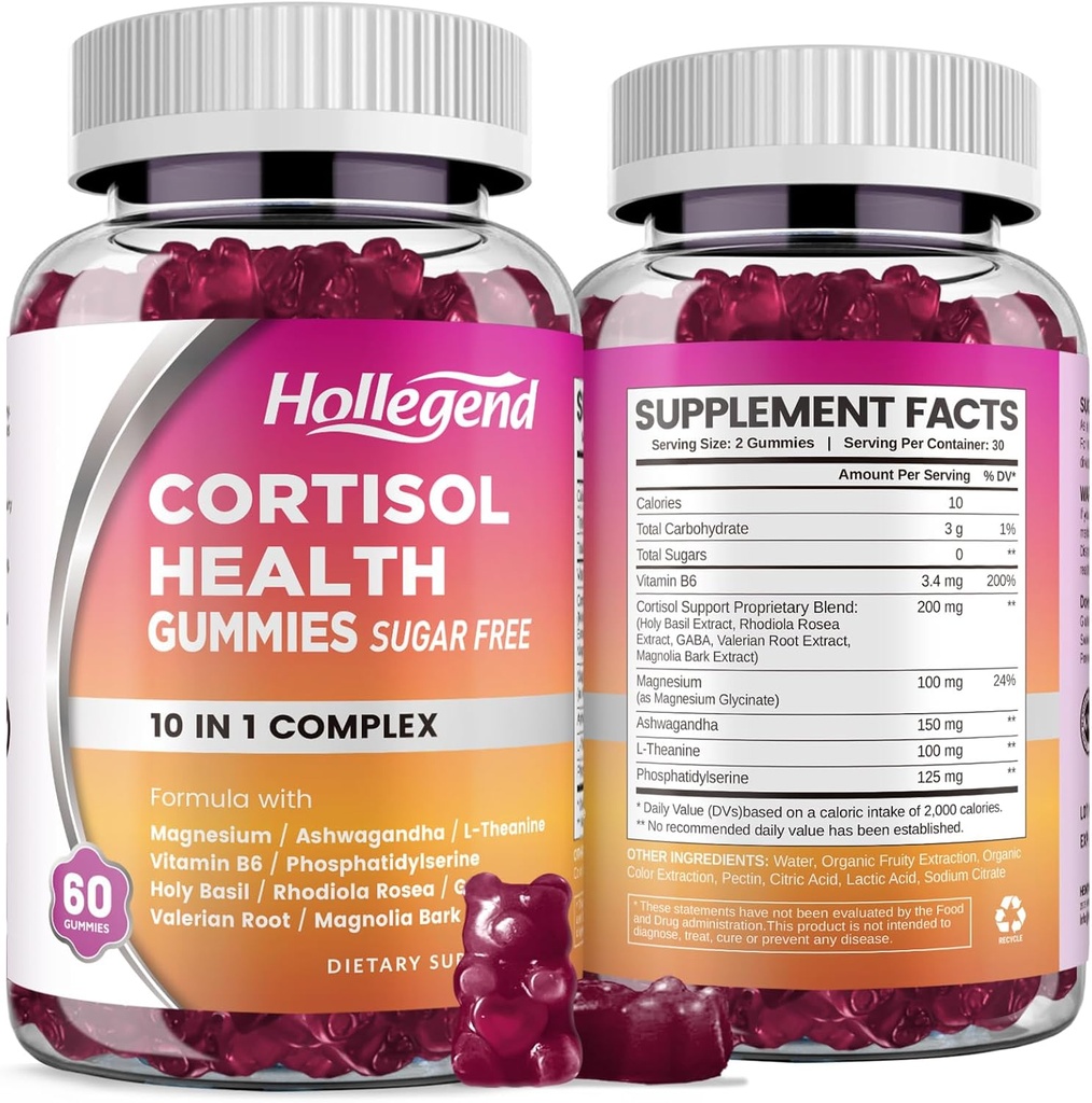 Cortisol Supplements for Women Men, Cortisol Gummies with Ashwagandha, Magnesium, L-Theanine, Phosphatidylserine, B6 for Cortisol Detox, Relaxation, Sleep, Focus, Sugar-Free, Vegan, 120