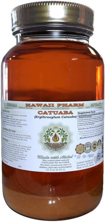 Catuaba Alcohol-Free Liquid Extract, Catuaba (Erythroxylum Catuaba) Dried Bark Glycerite Hawaii Pharm Natural Herbal Supplement 32 oz Unfiltered