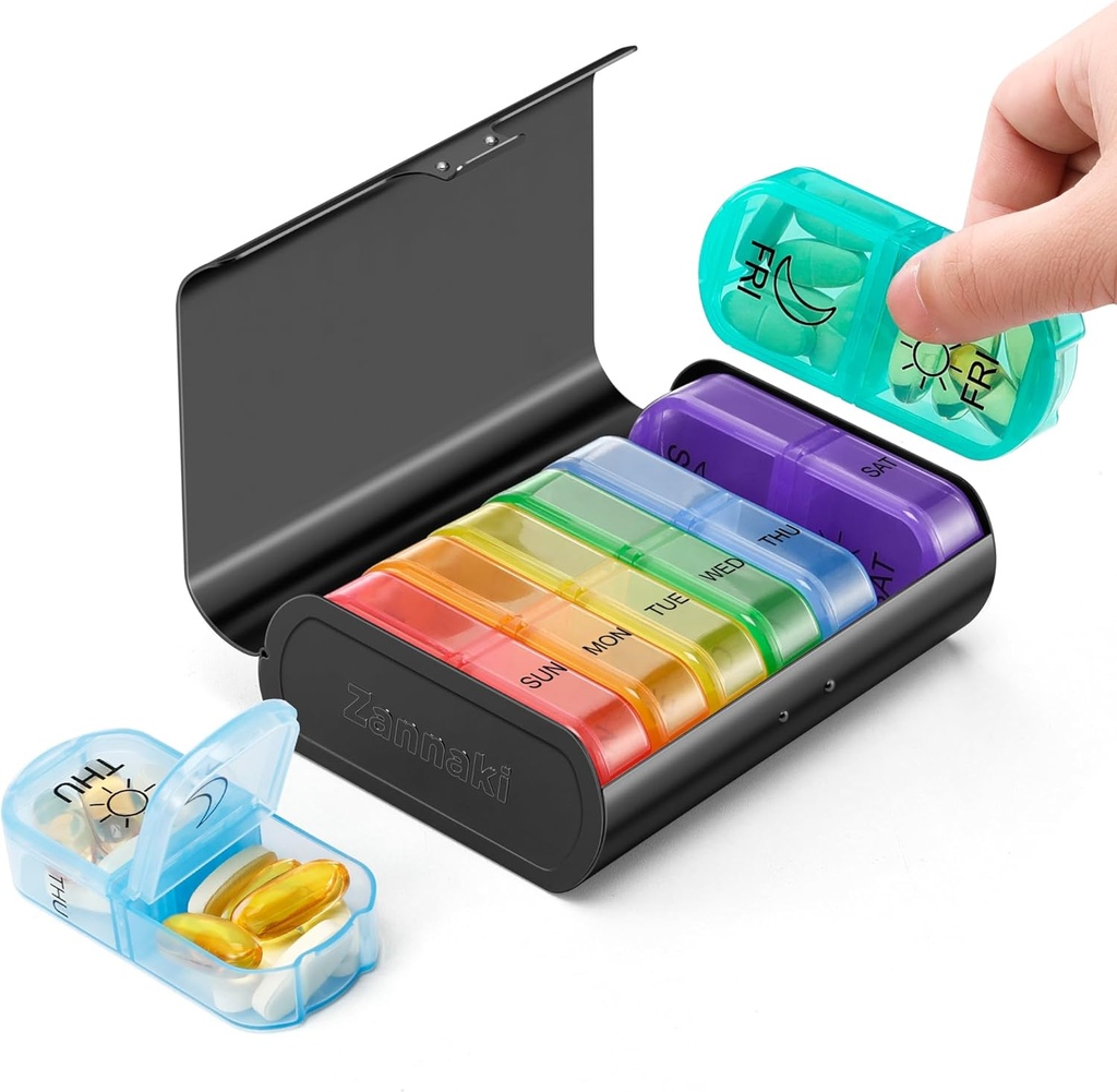 Zannaki Metal XL Weekly Pill Organizer 2 Times a Day, Large Travel Daily Pill Box 7 Day, Portable Week Twice Pill Holder Container, AM PM Pill Case for Medicine Vitamin Medication Supplement, Black
