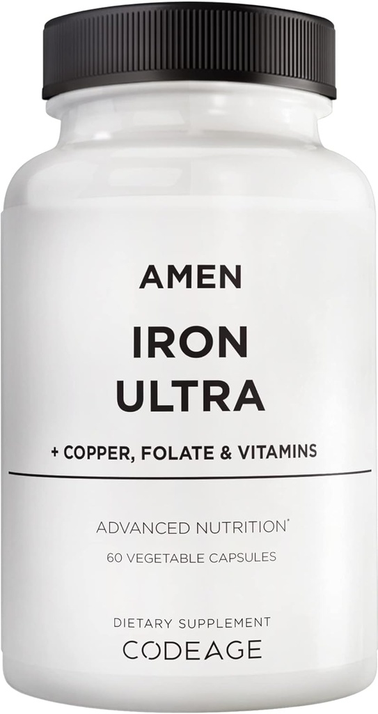 Amen Iron Ultra Supplement + Copper, Folate, Vitamin C and B12-2-Month Supply - Ferrous Sulfate Iron Vitamin - 65mg Per Serving - Folic Acid - Non-GMO Pills - 60 Capsules