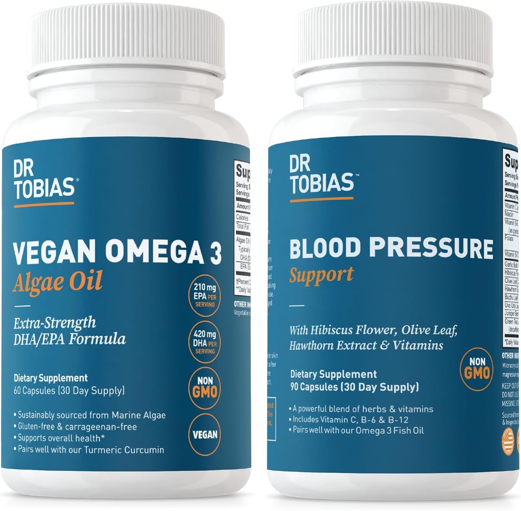 Dr. Tobias Vegan Omega 3 Algae Oil and Blood Pressure Support Supplement, Supports Normal Circulatory Health, Gut Immune Function and Overall Wellness, Non-GMO