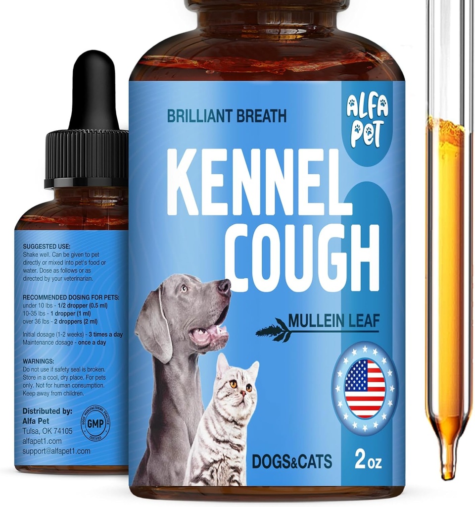 Dog Cough Treatment Liquid • Kennel Cough for Dogs & Cats • for Breathing During All Life Cycle • Marshmallow Root + Mullein Leaf in The Composition • Natural Supplement for All Breeds • 2 Oz