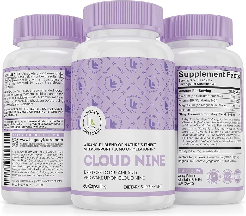 Cloud 9 - All Natural Sleep Aid Supplement - Relaxing Vitamin & Herbal Formula - 10mg Melatonin Calcium Magnisium L-Theanine 5-HTP GABA St. John's Wort Ashwagandha Chamomile & More 60 Vegan Capsules