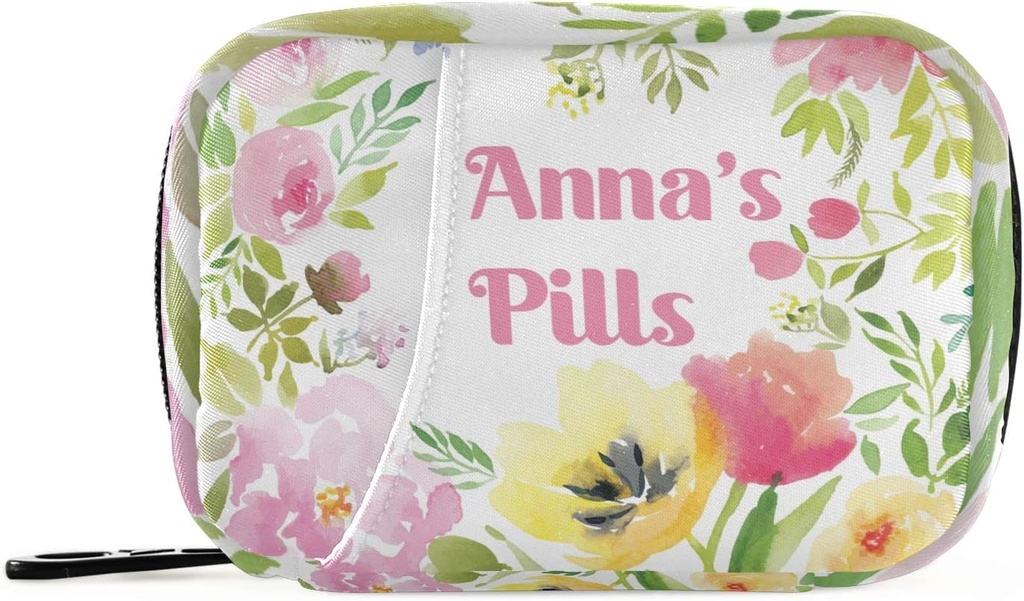 Custom Pill Box 7 Day Pill Case Bag Watercolor Floral Personalized Name Travel Pill Organizer Bag with Zipper Portable Weekly Case Compact Size for Vitamin Supplement Holder