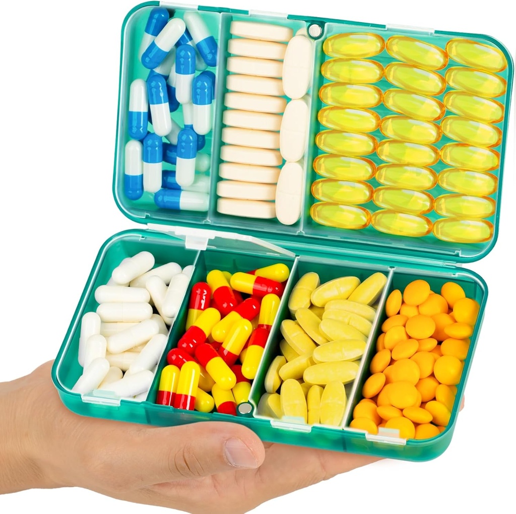 Yaklim Magnetic Travel Pill Organizer, 7 Compartments Portable Pill Box, Large Vitamin Organizer with Labels, Daily Pill Case Medicine Organizer, Big Supplement Organizer Magnet Pill Container Green