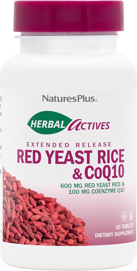 Natures Plus Herbal Actives Red Yeast Rice 600mg & CoQ10 100mg, Extended Release - 30 Vegan Tablets - Maximum Potency Supplement, Antioxidant - Vegetarian, Gluten-Free - 30 Servings