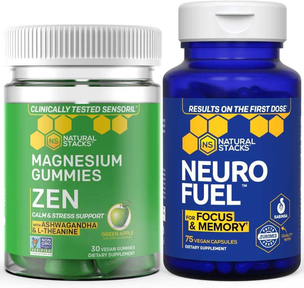 NATURAL STACKS Zen Magnesium Gummies + Neurofuel Nootropic Bundle - Supports Brain Health & Calmness* - 105 Pieces