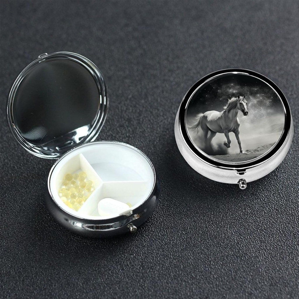 Round Pill Box 3 Compartment Pill Box Pill Containe Pillbox Case for Travel Small Pill Case White Horse and Asteroid Pill Organizer for Vitamins Fish Oil Box Supplement Box