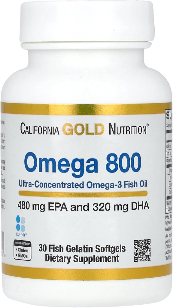California Gold Nutrition Omega 800 Ultra-Concentrated Omega-3 Fish Oil, kd-pur Triglyceride Form, 30 Fish Gelatin Softgels (1,000 mg per Softgel)