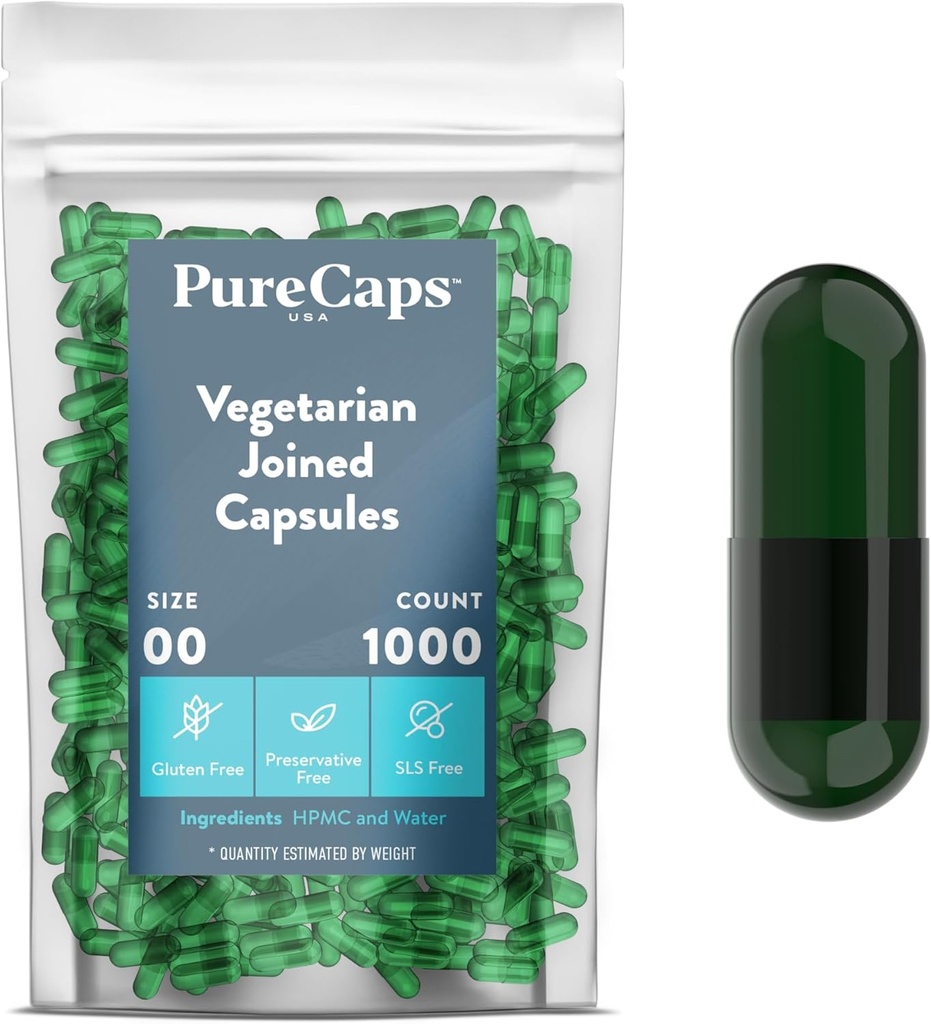 Purecaps USA - Empty Gelatin Pill Capsules Size 00| 1,000 Joined Pills| Chlorophyll Colored| Non-GMO Certified | SLS, Gluten, Preservative Free