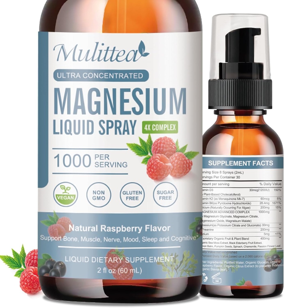 Magnesium Glycinate Liquid with Citrate, Taurate, Malate-Magnesium Complex Drops Spray w/Potassium L-Theanine-High Absorption -Vegan, Sugar Free, 2 Fl.oz