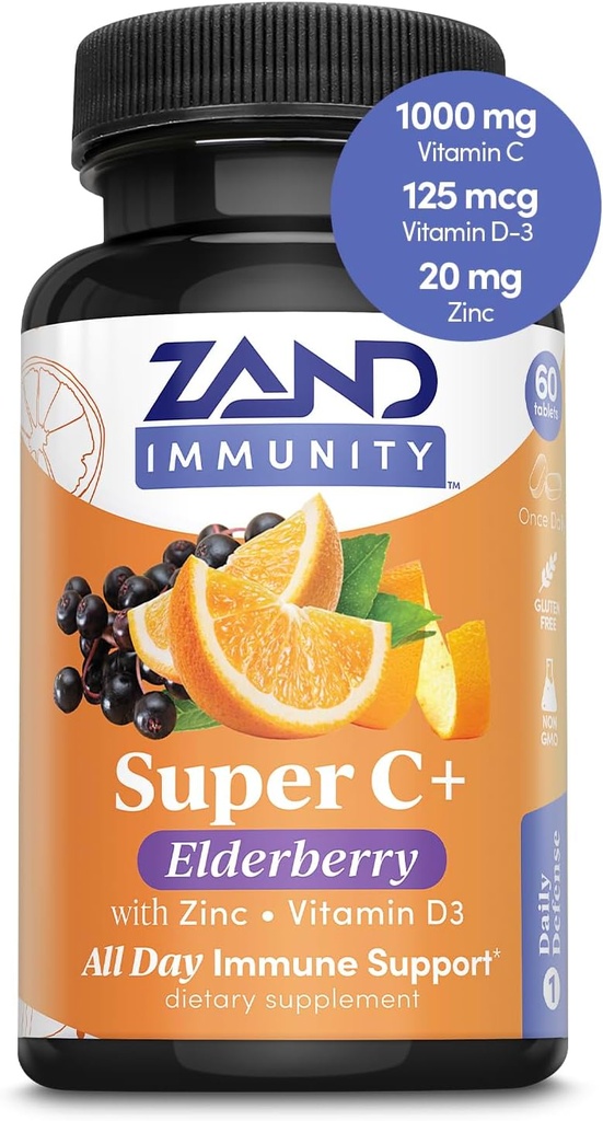Zand Immunity Super C+ with Elderberry, All Day Immune Support, 1000mg PureWay-C Vitamin C Plus Zinc & Vitamin D-3, Enhanced Absorption, 60 Tablets, 30 Servings