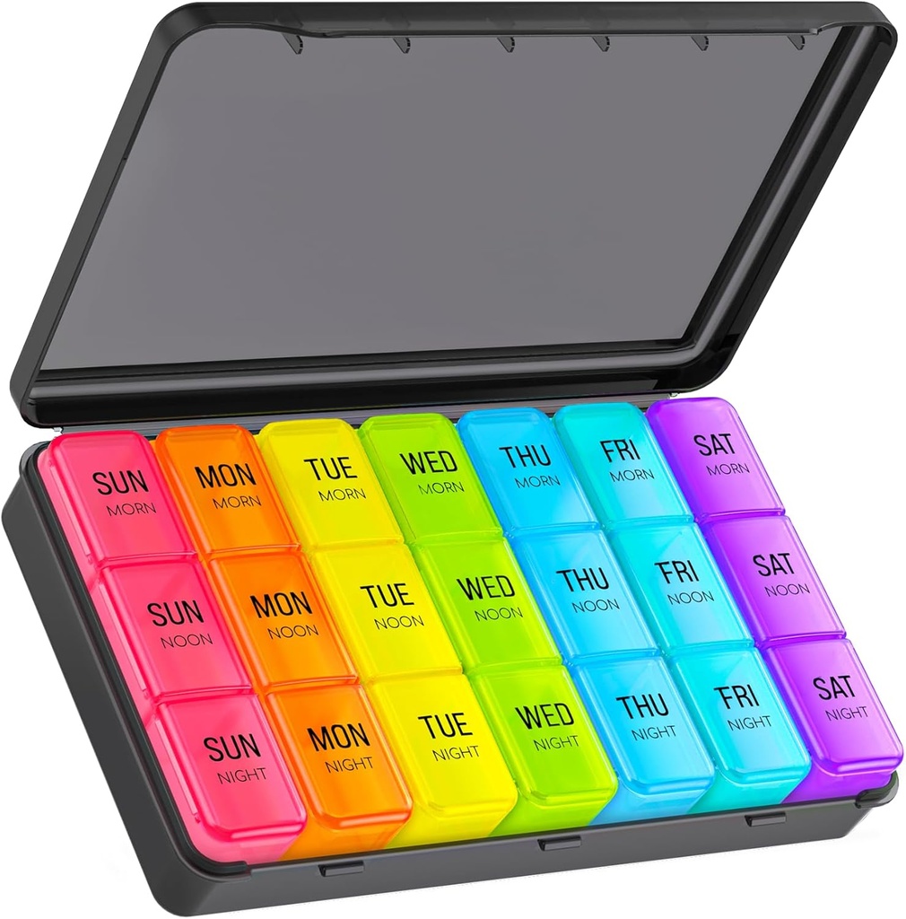 Large Pill Organizer 3 Times a Day, Weekly Pill Box 7 Day with Black Outer Case for Privacy Protection & Light Proof, User-Friendly & Portable Pill Case for Vitamins, Fish Oils, Supplements