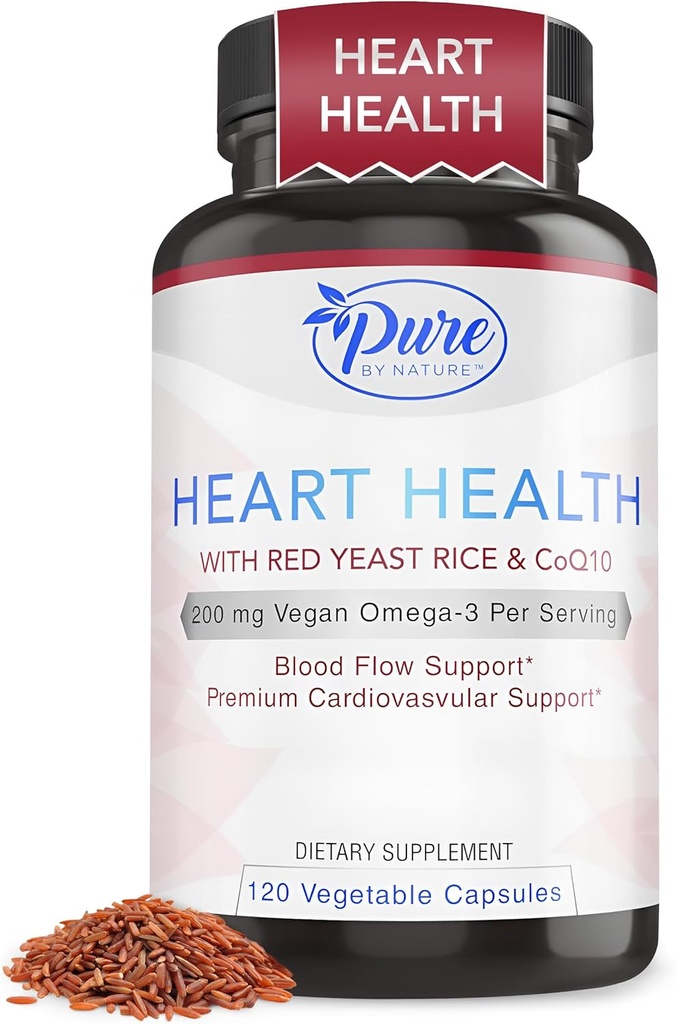 Pure By Nature Red Yeast Rice with CoQ10 Supplement for Men & Women, 200mg Vegan Omega 3 Per Serving, Gluten-Free Non-GMO, 120 Capsules