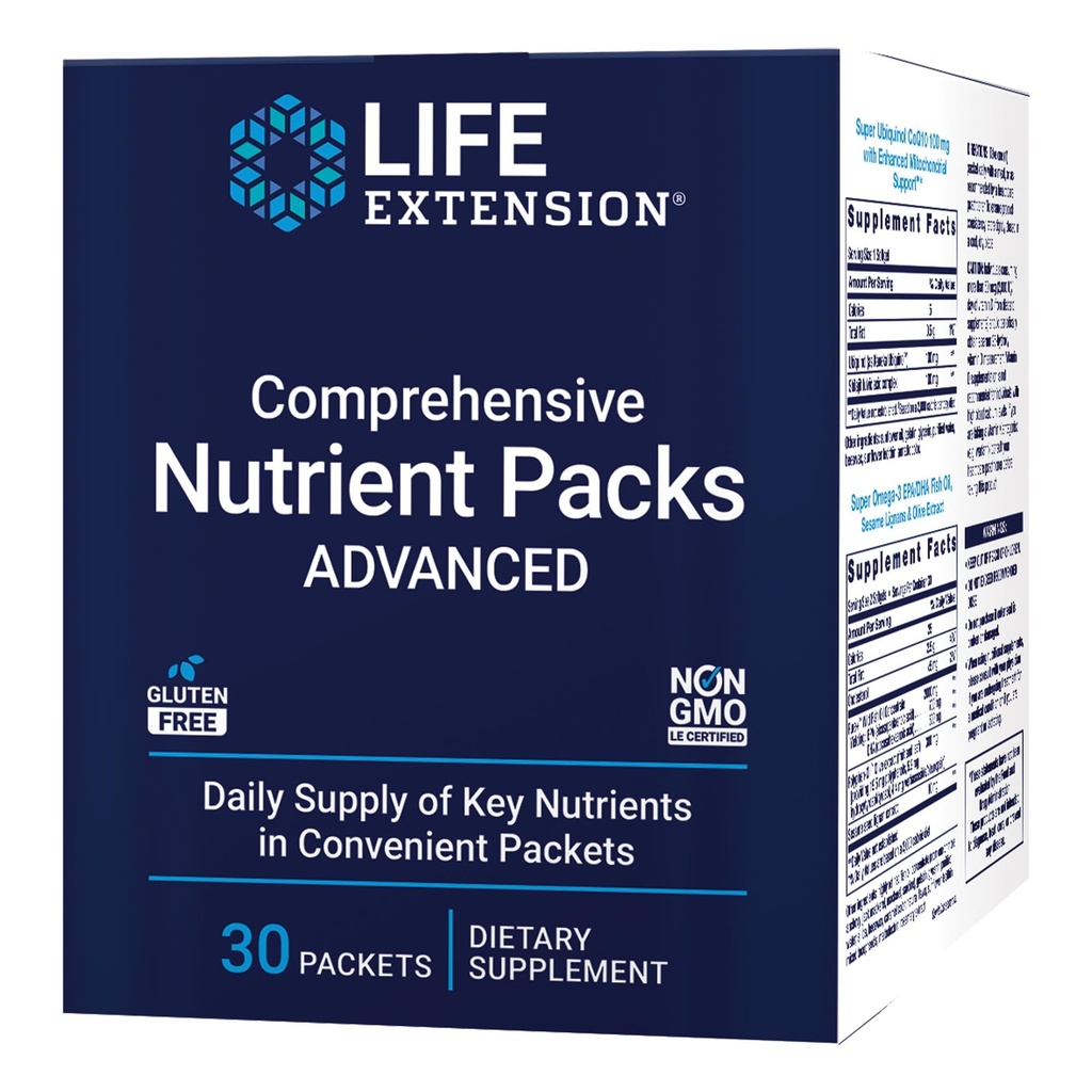 Life Extension Comprehensive Nutrient Packs Advanced, Curcumin, Fish Oil, multivitamin, CoQ10, multis and Supplements, 30 on-the-go Packets, Gluten-Free, Non-GMO