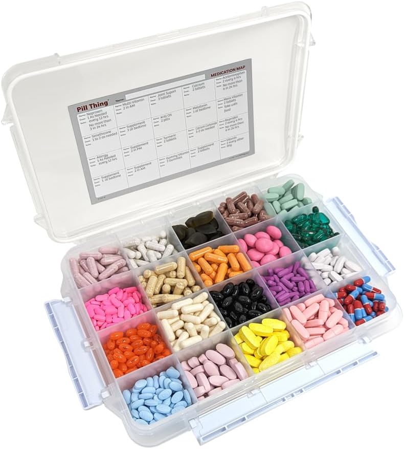 20 Compartment Large Pill Case with Airtight Seal - Silicone Gasket Waterproof Med Box with Medication Map (20 Compartment, 1 Pack)