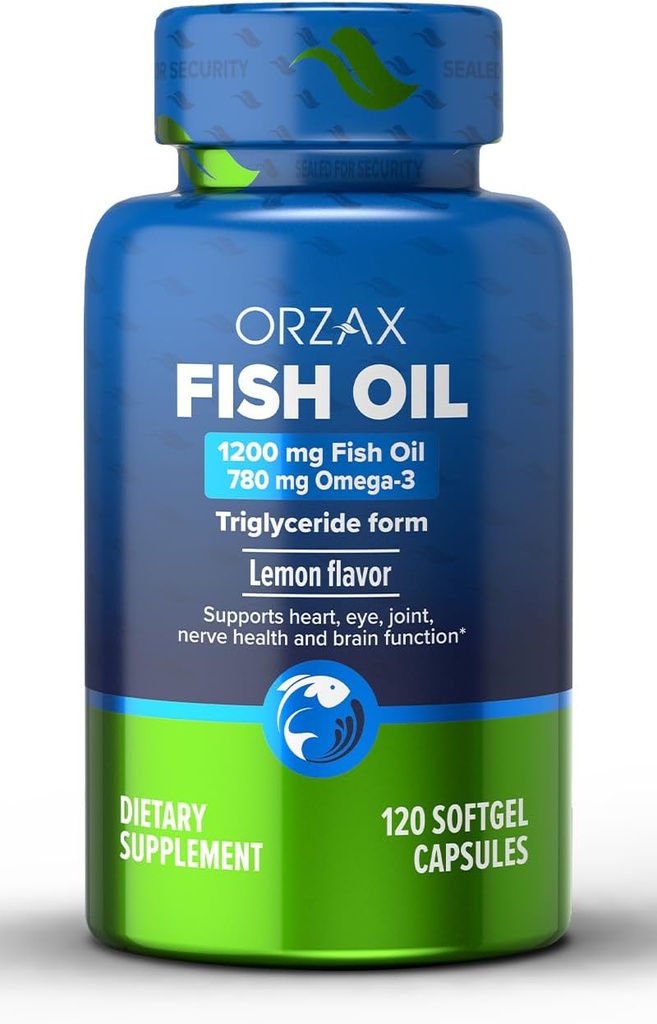 ORZAX Omega 3 Fish Oil 1200 mg - EPA DHA Omega 3 Supplement - Promotes Heart, Eye, Joint, Nerve, Immune, Brain and Blood Health - Burpless & Lemon Flavored - Non-GMO - 120 Softgels - 60 Day Supply