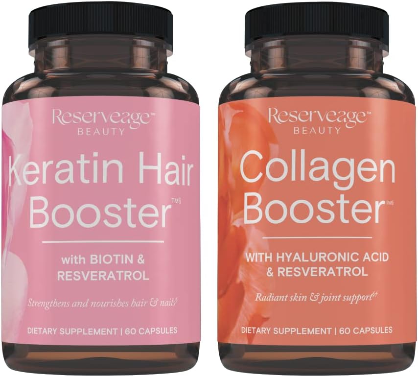 Reserveage Ultra Collagen Booster & Keratin Hair Booster - Features Dermaval, Biotin & Resveratrol - Support Hair & Skin - 60 Ultra Collagen Capsules, 60 Keratin Capsules