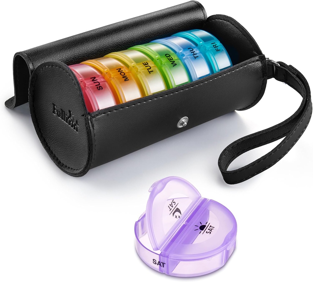 Fullicon PU Case Weekly Pill Box Organiser 2 Times A Day, Travel 7 Day Pill Boxes, Portable Tablet Organiser with Large Compartments for Medicine, Medication, Vitamin, Supplements(Black/Rainbow)