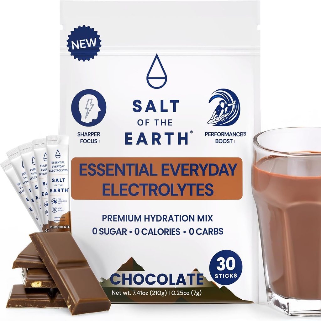 Salt of the Earth Premium Zero-Sugar Electrolyte - Made with Pink Himalayan Salt - Hydration Powder Packets | Premium Ingredients | Keto & Paleo Friendly | 30 Sticks, Chocolate