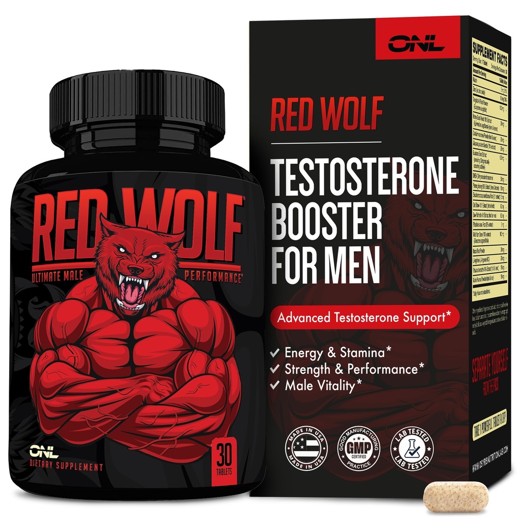 ONL Red Wolf Testosterone Booster for Men - Ultimate Male Enhancing and Fertility Supplements for Vitality, Muscle Growth & Energy with Tongkat Ali, Horny Goat Weed, Maca - 1 Month's Supply